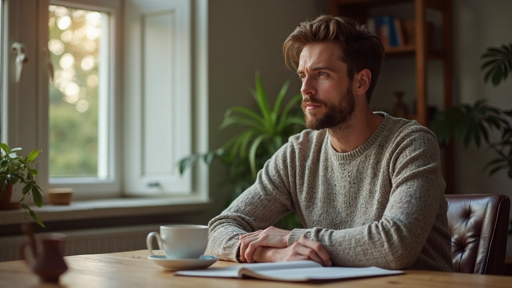 Man zit rustig aan bureau met kopje thee en boek over welzijn en persoonlijke groei
