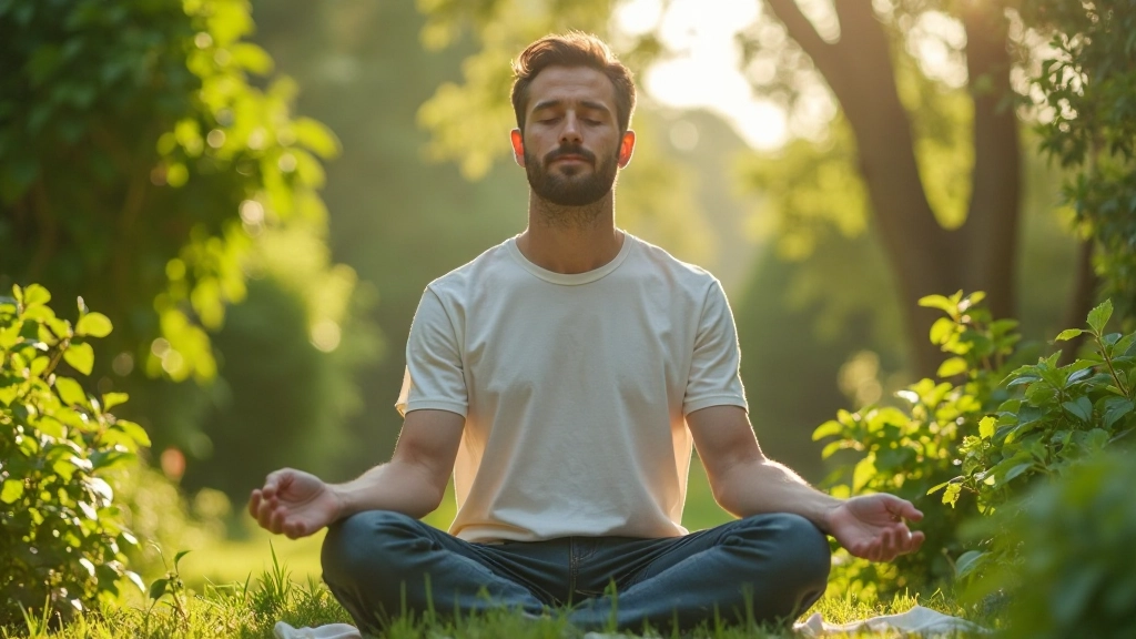 Man mediteert in vochtloze tuin met groene planten eromheen
