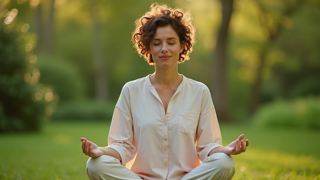 Vrouw mediteert in rustige natuur omgeving met zachte ochtendlicht