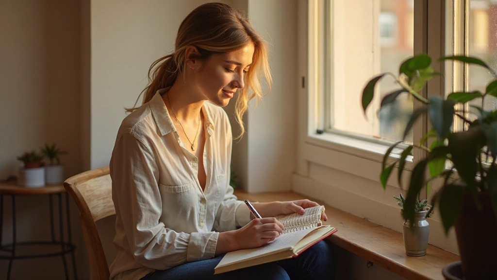 Vrouw schrijft dankbaarheid dagboek in zonlicht bij raam thuis