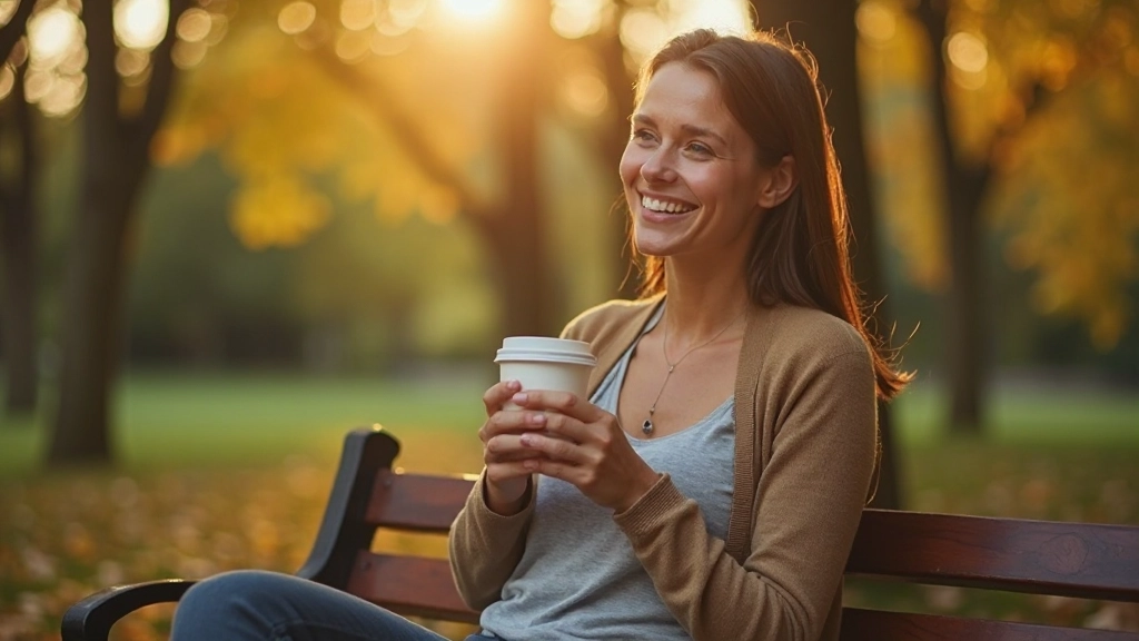 Vrouw zit op bankje in park met kopje koffie glimlachend